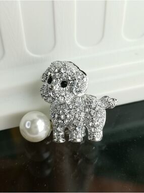 Crystal Sitting Puppy Dog With Ball Brooch Pin 🆕